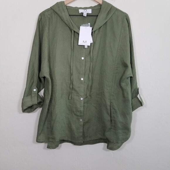 NWT Magaschoni 100% Linen Hooded Button Down Shirt Top with Pockets Green Size L - Picture 1 of 6